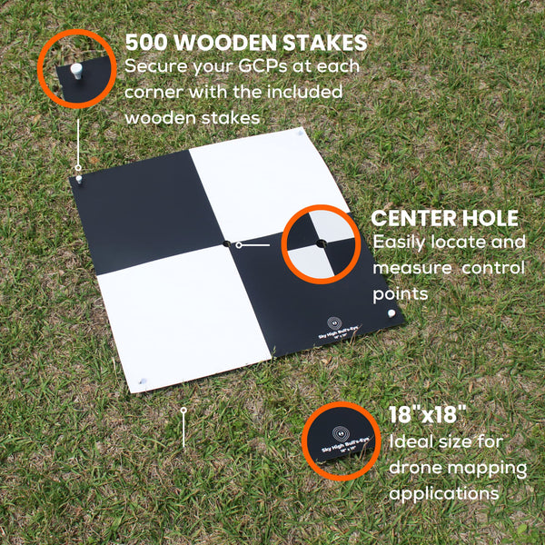 Sky High Bull's-Eye Disposable Ground Control Points (GCPs)/Aerial Targets for Drone Mapping & Surveying (100 Pack) with Center Hole (18”x18”) - Bonus Bag & 500 Stakes Included